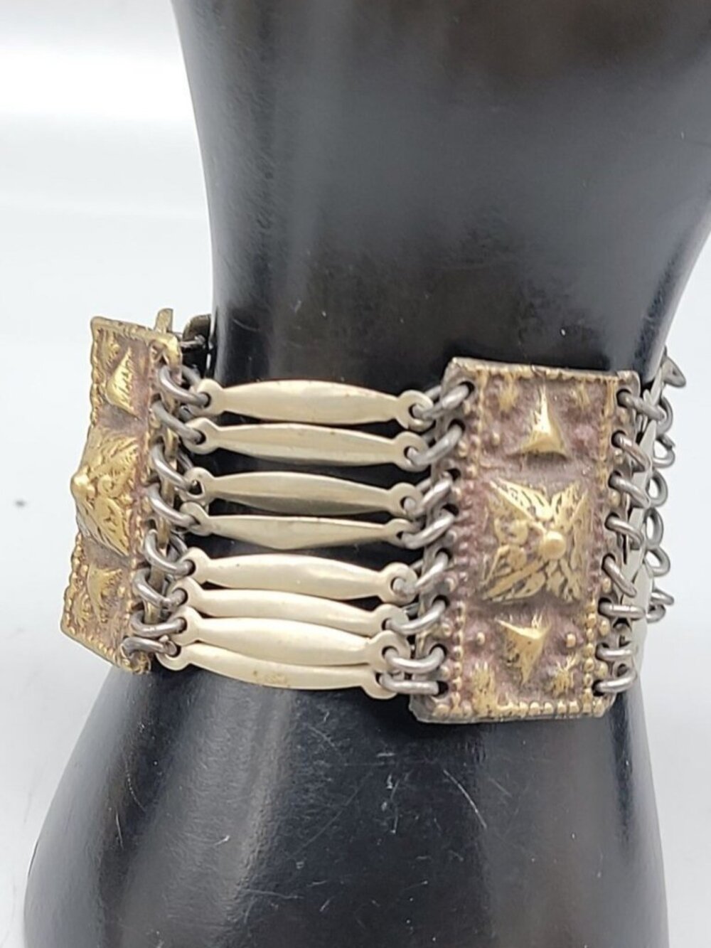 Vtg PABA Mexico Alpaca Silver Panel Bracelet Tribal Boho Brutalist Mixed Metal